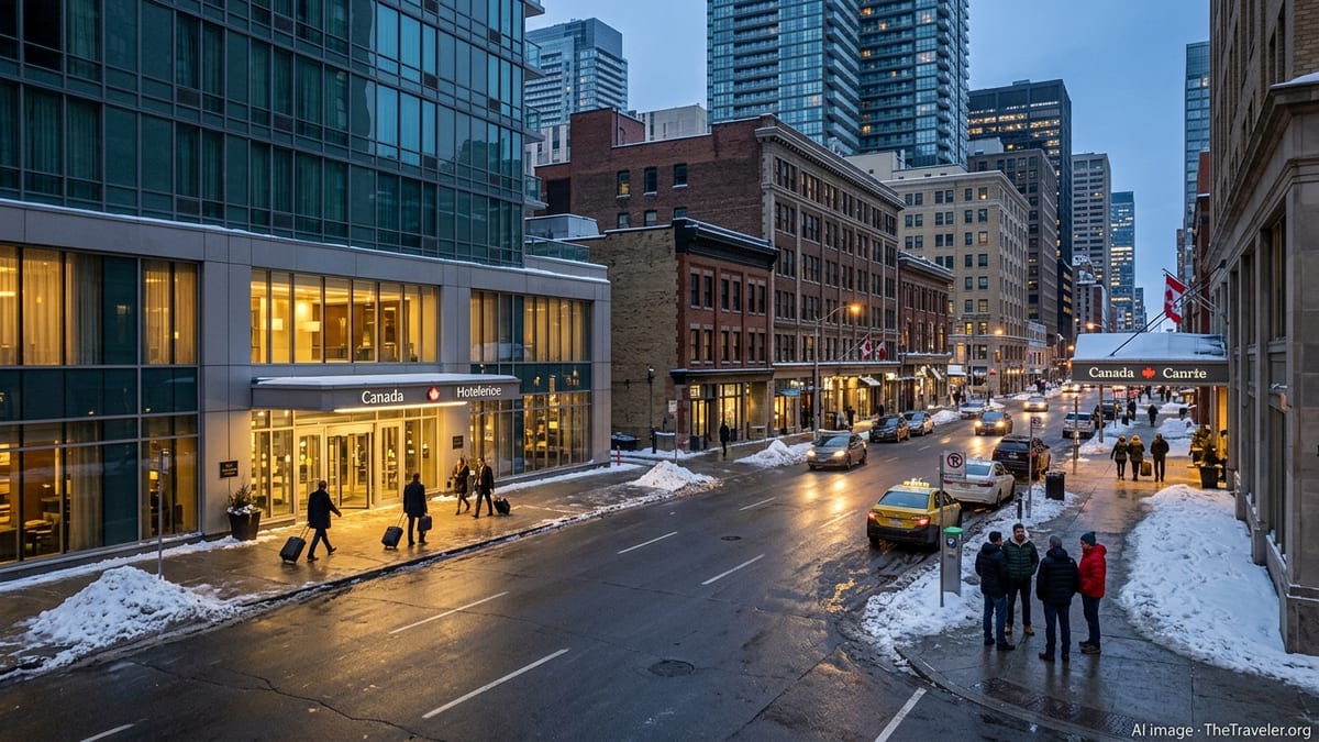 Winter evening street scene outside busy downtown Canadian hotels with travelers arriving.