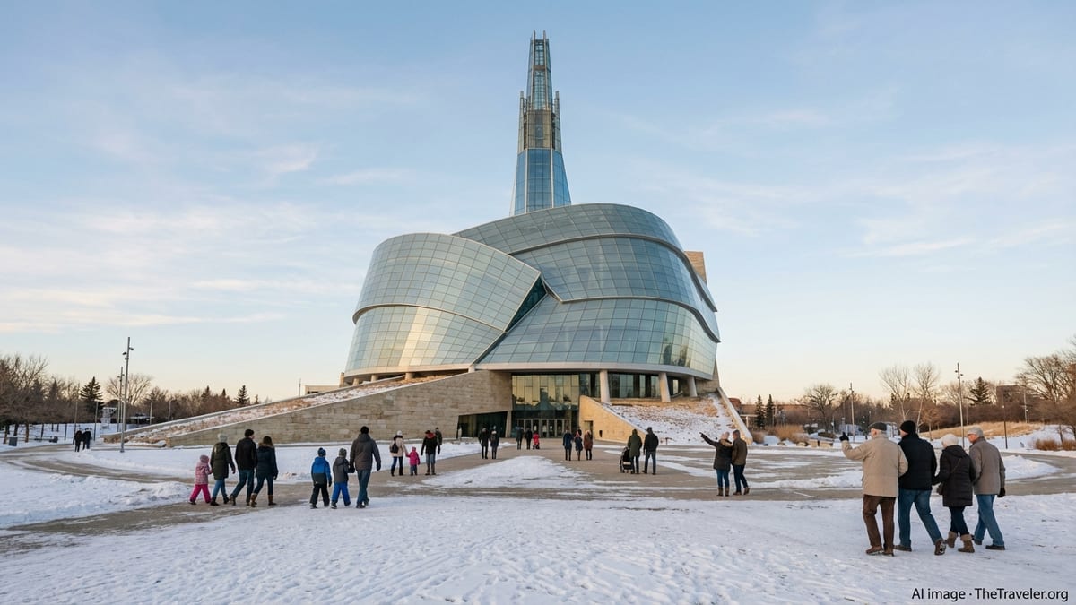Exterior of the Canadian Museum for Human Rights in Winnipeg with glass spire and visitors approaching across the plaza.