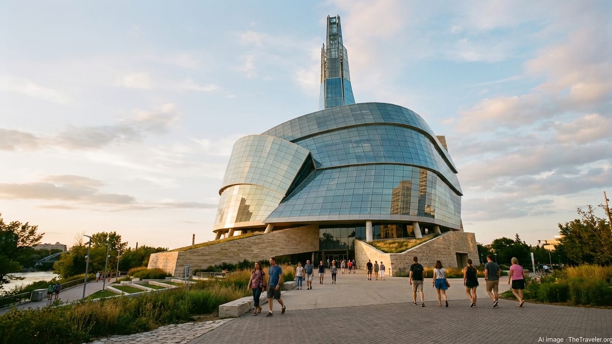 Exterior view of the Canadian Museum for Human Rights in Winnipeg with visitors walking toward the entrance.
