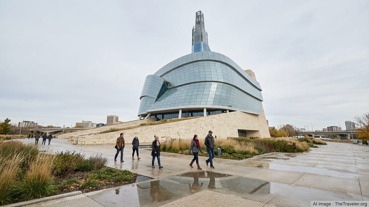 Exterior view of the Canadian Museum for Human Rights in Winnipeg with visitors walking across the plaza.