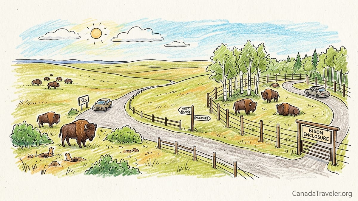 Plains bison grazing on rolling prairie hills in evening light in Grasslands National Park.
