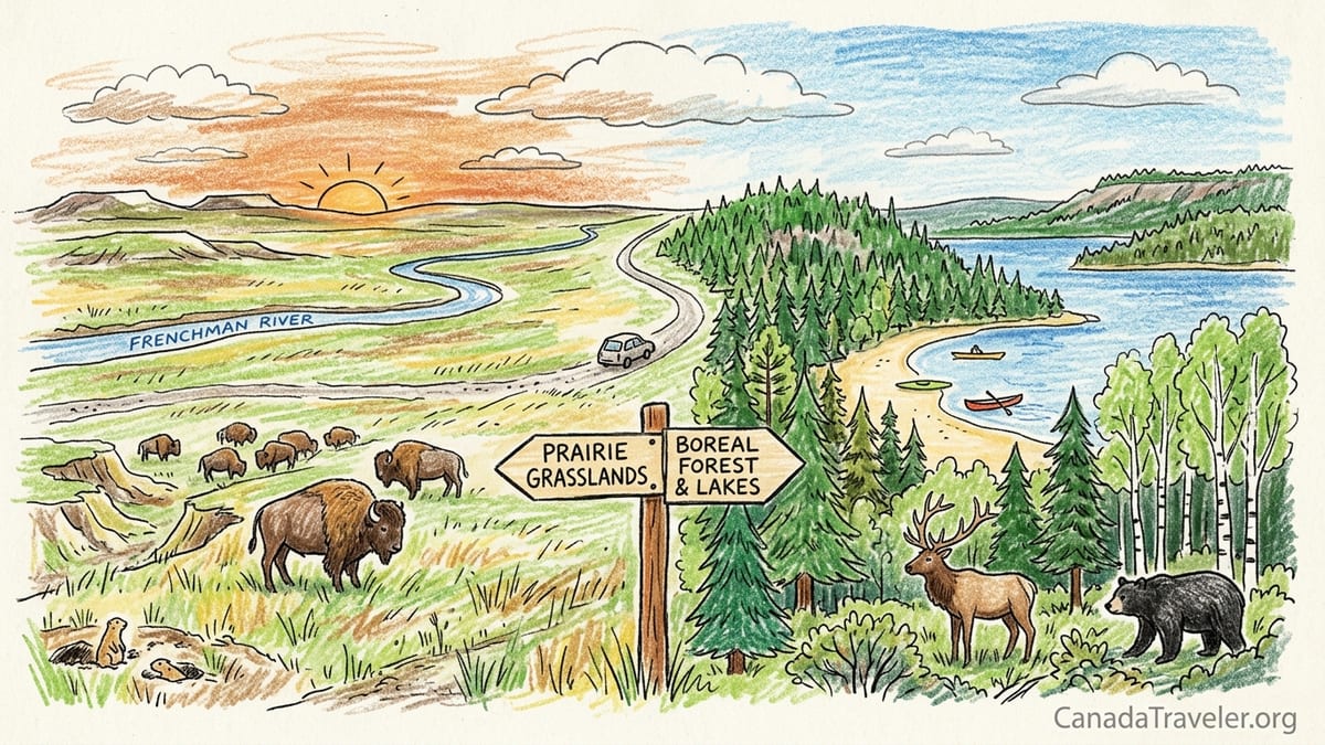 Panoramic view of prairie grasslands transitioning into forested hills and a calm lake at sunset in the Canadian Prairies.