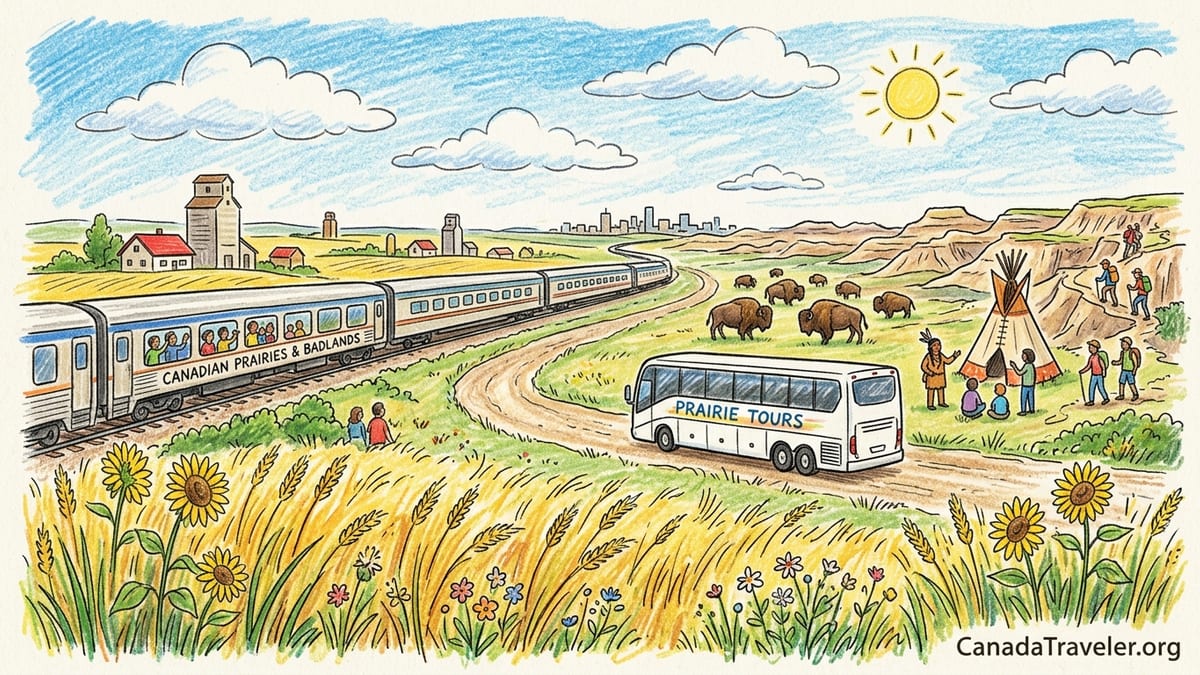 Escorted tour group on Saskatchewan prairie beside coach with rail line and Manitoba wetlands in distance.