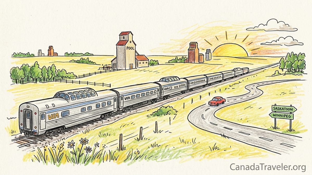 VIA Rail’s Canadian train at sunrise crossing flat prairie fields near Saskatoon.