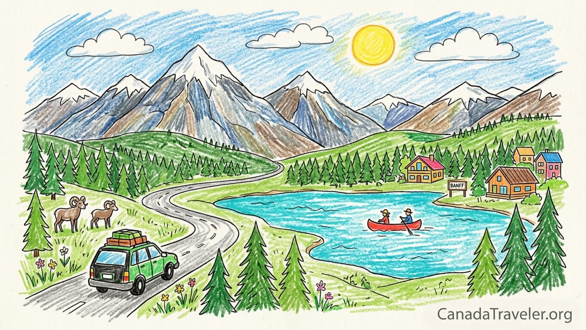 Turquoise alpine lake in the Canadian Rockies at sunrise with canoe and snow-capped peaks.