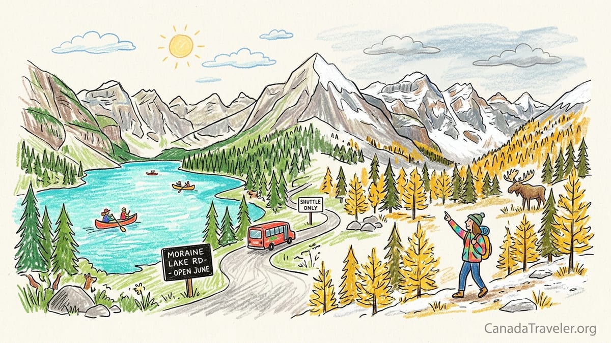 Early autumn view of Moraine Lake with golden larches and snow-dusted peaks in the Canadian Rockies.