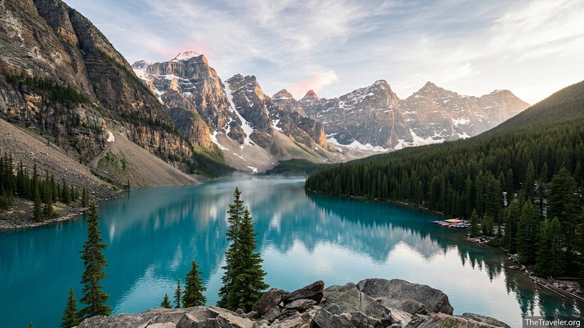 A turquoise alpine lake in the Canadian Rockies surrounded by snow-dusted peaks and dense evergreen forest at sunrise.