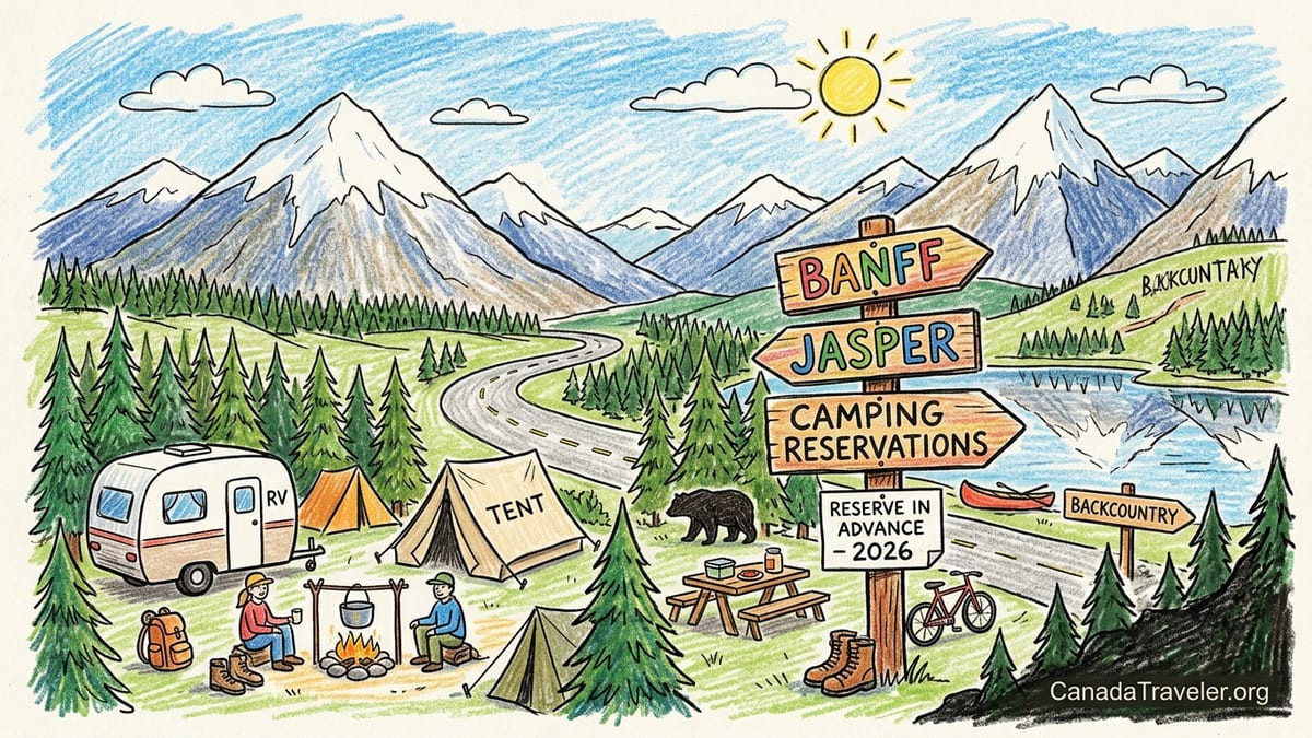 Early morning campground in the Canadian Rockies with tents, RVs and mountain peaks in soft sunrise light.