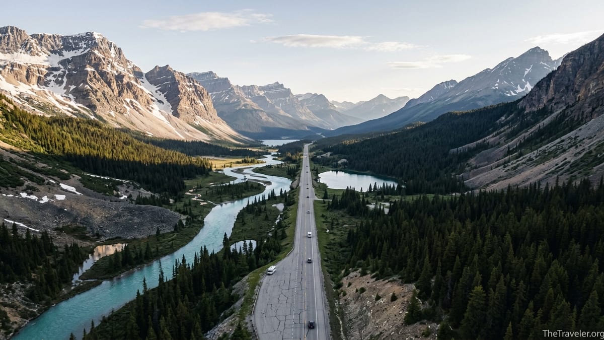 A winding highway cuts through vast Canadian Rockies mountains and forest, showing the long distances between destinations.