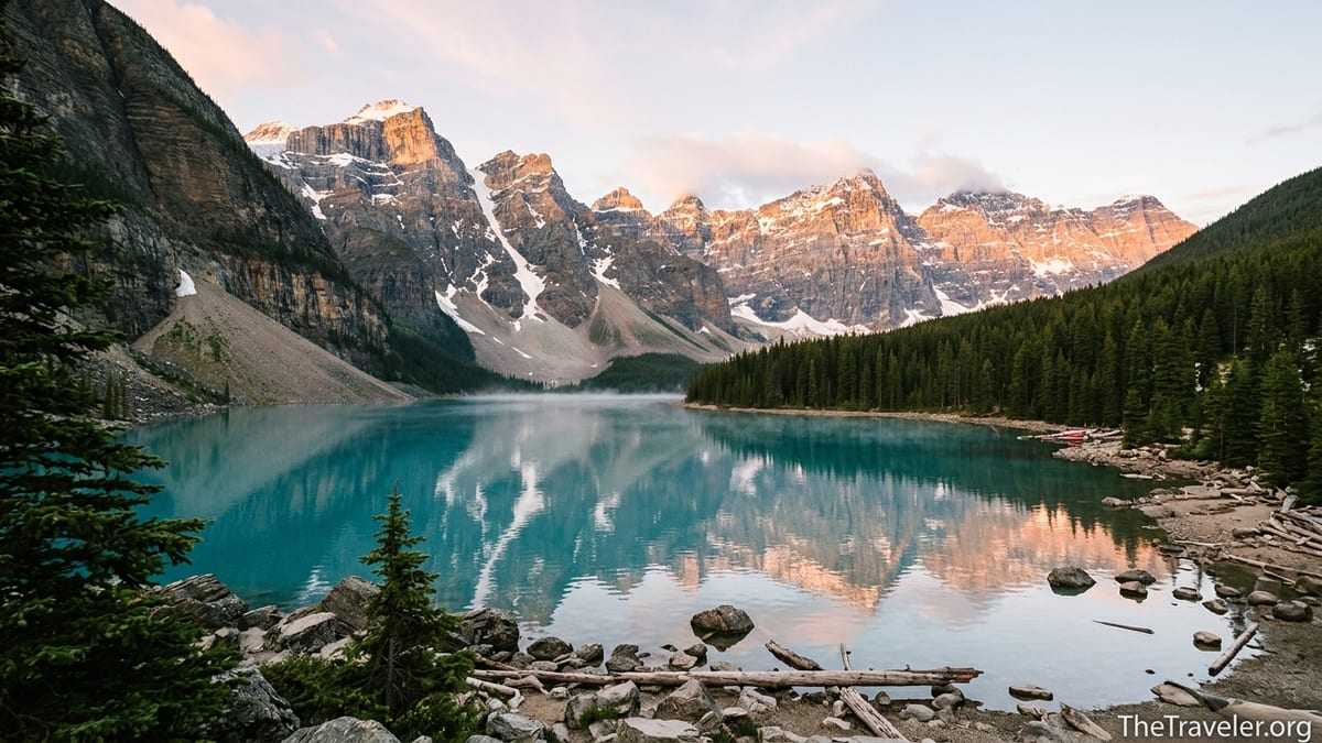 Turquoise Canadian Rockies lake at sunrise reflecting jagged snowcapped peaks and glaciers.