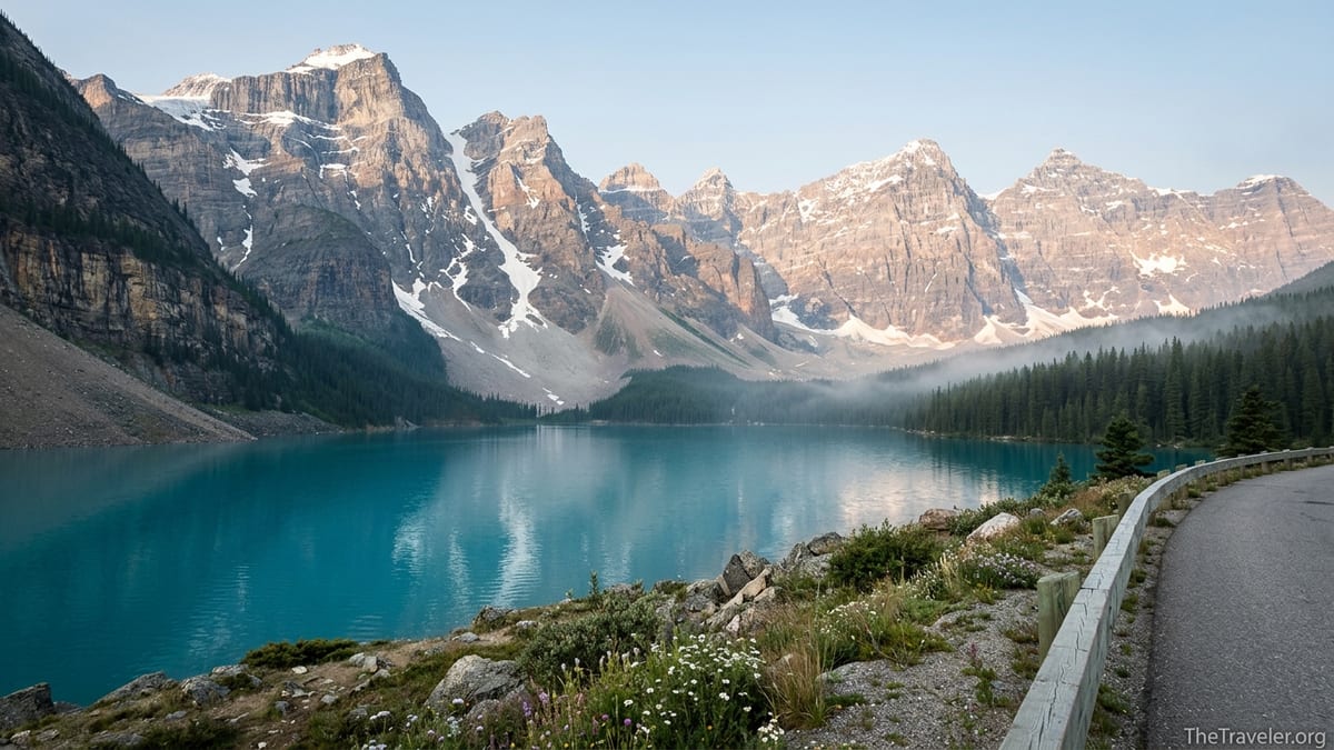 Early morning view of the Canadian Rockies above a turquoise lake along the Icefields Parkway.