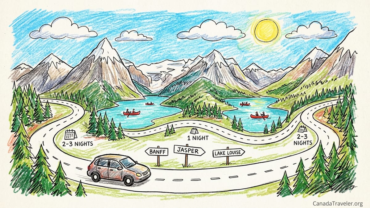Sunrise over the Icefields Parkway with cars winding through a glacial valley between snow-streaked peaks in the Canadian Rod