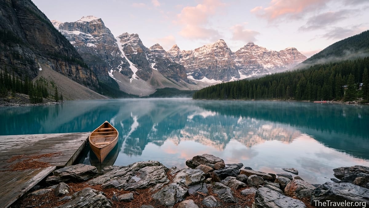 Quiet turquoise lake in the Canadian Rockies at sunrise with empty shoreline and misty mountains.