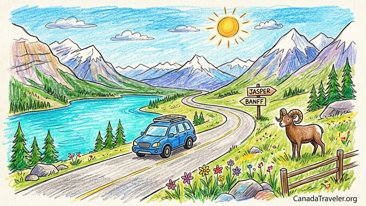 Two travelers and an SUV parked on the Icefields Parkway overlooking Canadian Rockies peaks and a glacial valley.