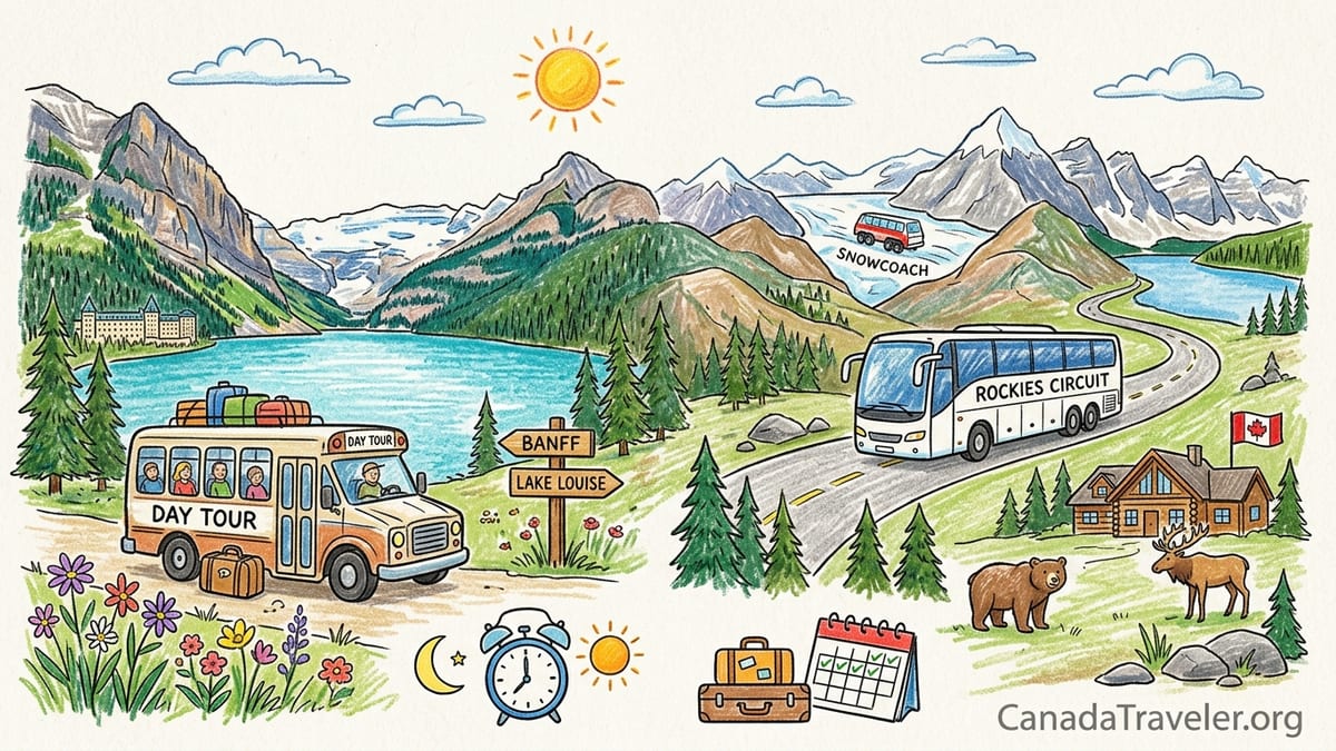 Tour coach and cars on Icefields Parkway with river and Rocky Mountain peaks in summer light.