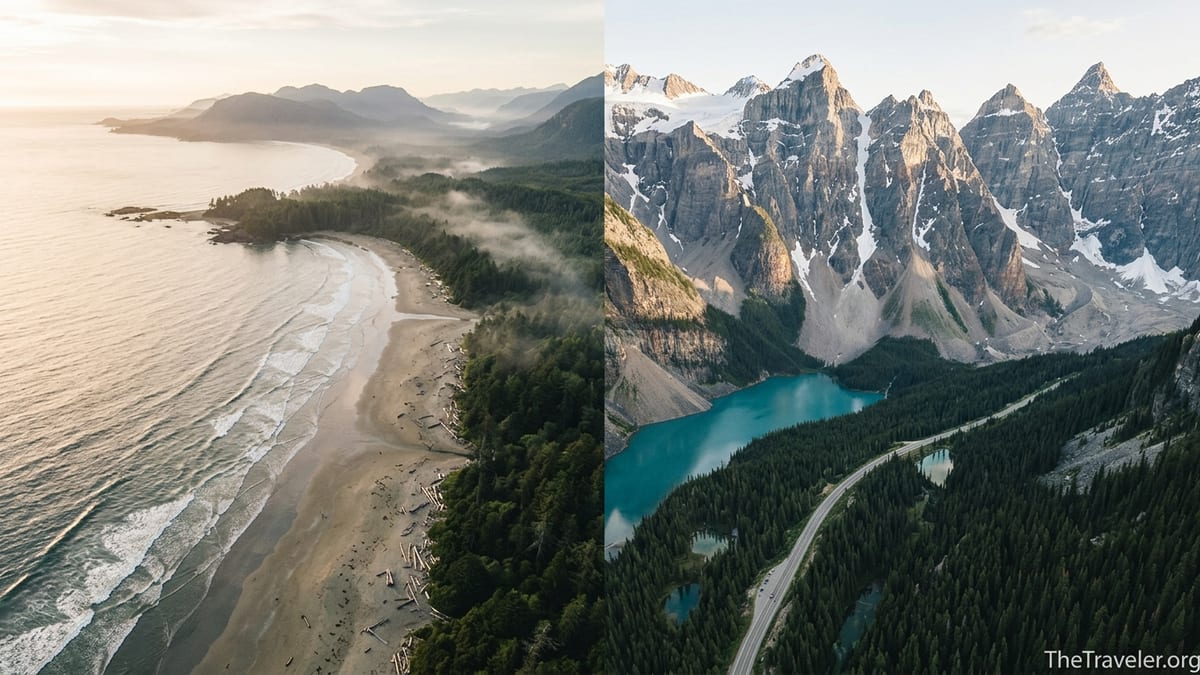 Aerial view contrasting the snow-capped Canadian Rockies with Vancouver Island’s forested Pacific coastline at sunset.