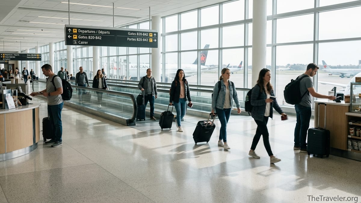 Travellers walking through a bright Canadian airport terminal with planes outside the windows.