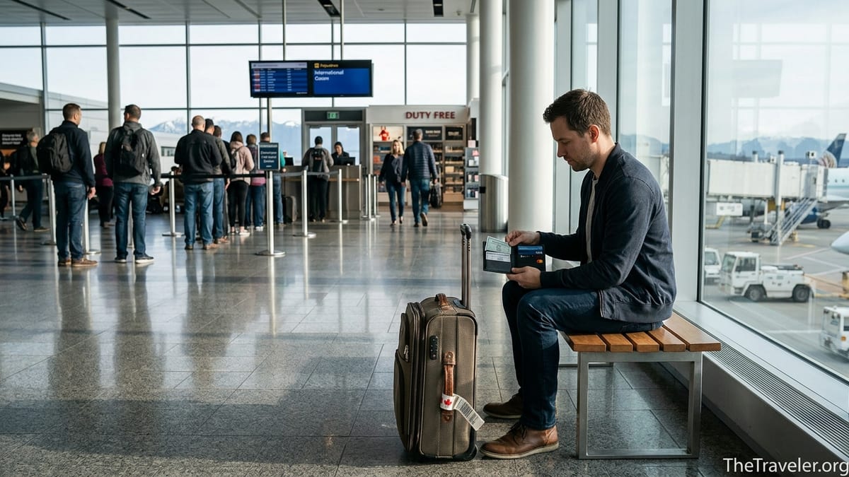 Traveler at Canadian airport holding wallet with multiple travel credit cards near large windows.