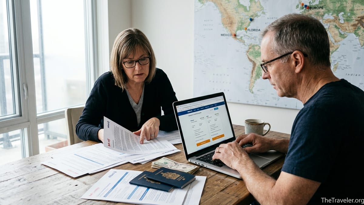 Canadian couple comparing travel insurance documents from several providers at a kitchen table.