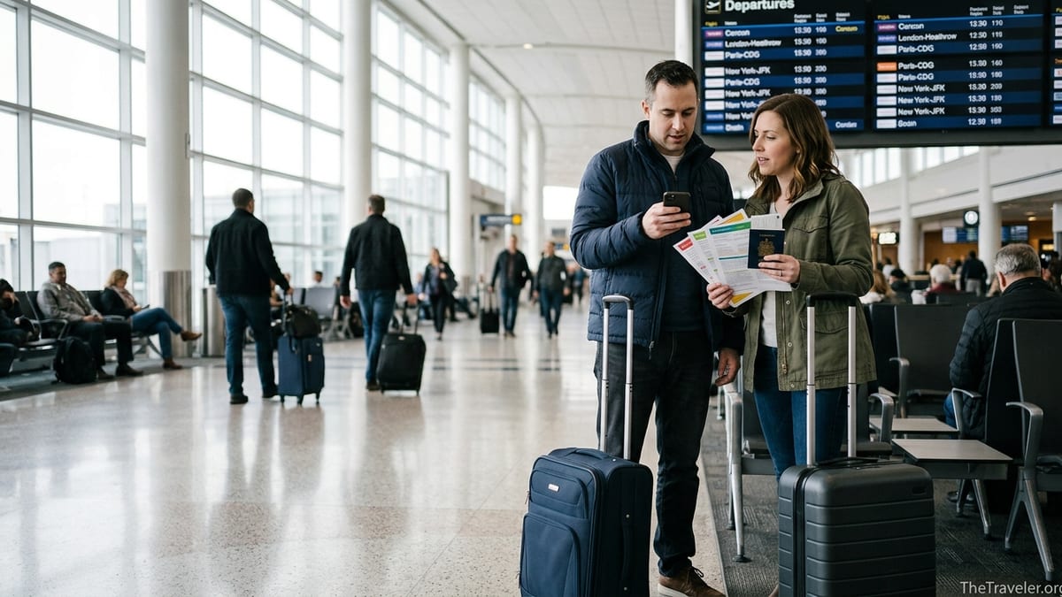 Travelers at Toronto airport reviewing Canadian travel insurance documents before departure.
