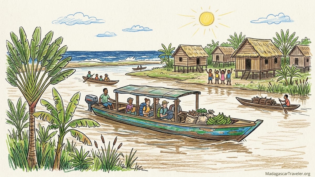 Motorised wooden canoe with travelers on the Canal des Pangalanes near Toamasina, passing village houses and lush green banks