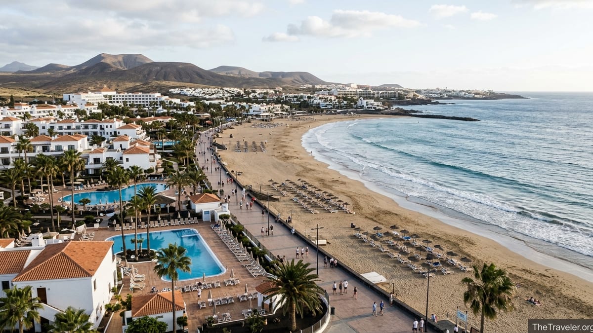 Aerial view of Canary Islands beach resort with pools, promenade and volcanic hills at sunset.
