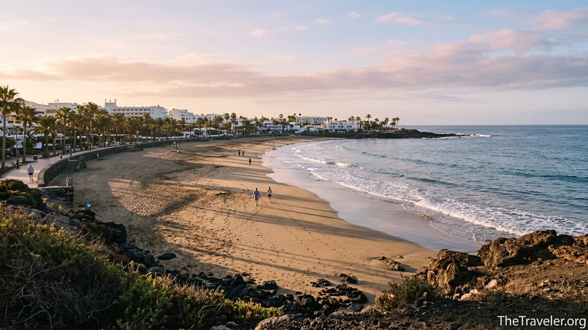 Sunrise over a Canary Islands beach with palm-lined promenade and low whitewashed hotels.