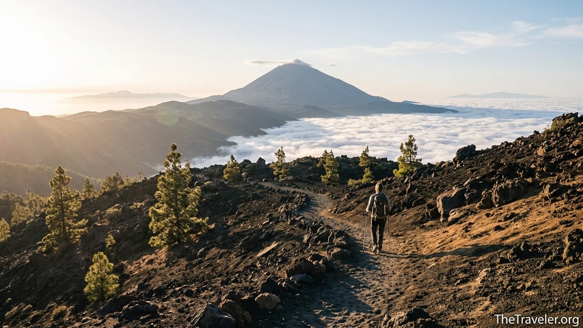 Hiker on a volcanic trail in Teide National Park at sunrise above a sea of clouds.