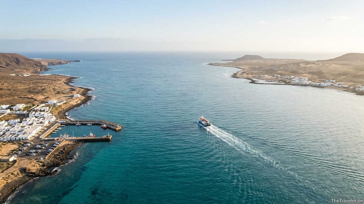 Ferry crossing the turquoise strait between Lanzarote and La Graciosa in the Canary Islands