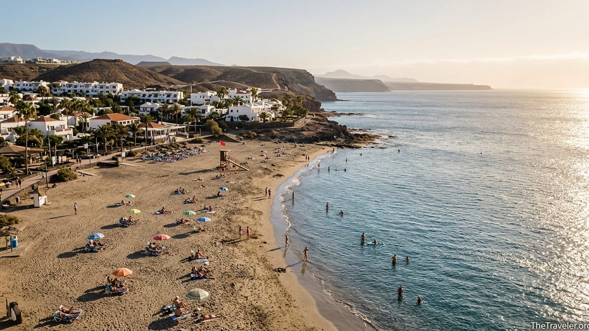 Sunny south coast beach in the Canary Islands with calm winter sea and light haze.