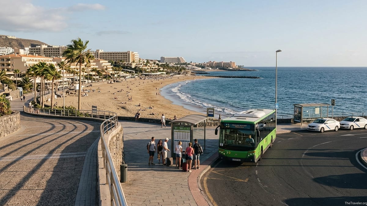 Public bus and taxi stop by the seafront promenade in Costa Adeje, Tenerife.