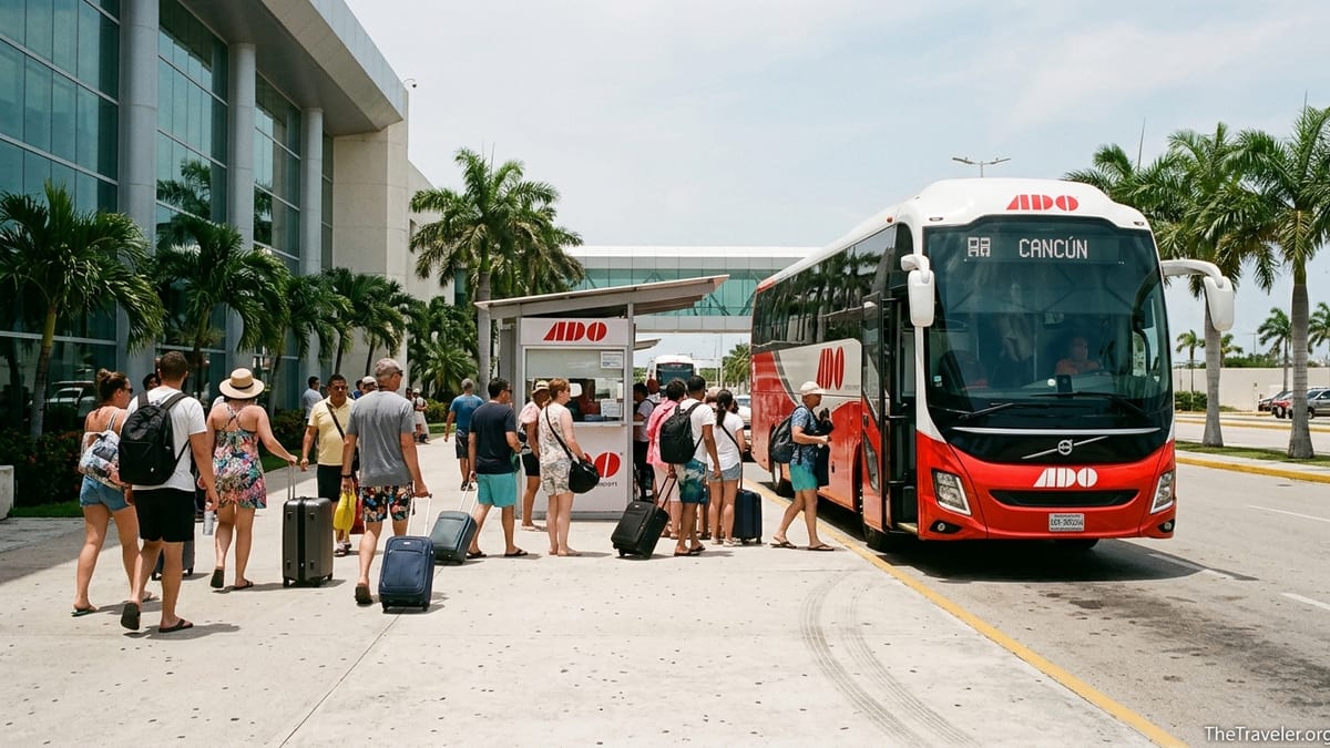 Travelers with suitcases boarding an ADO bus outside Cancun International Airport terminal.