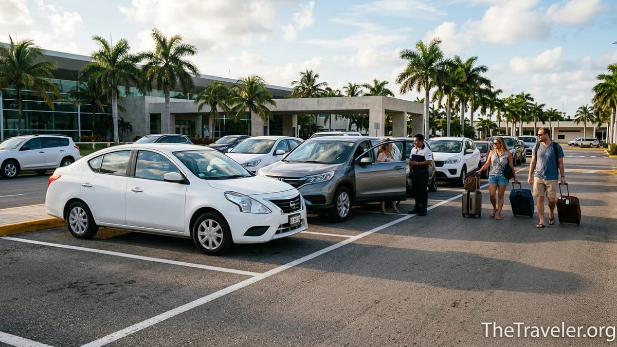 Travelers picking up rental cars outside Cancun International Airport in warm afternoon light.