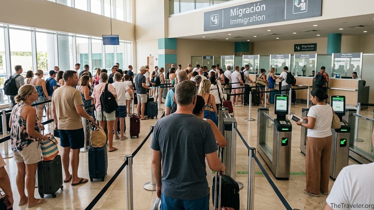 Travelers queue at Cancun Airport immigration e-gates in the international arrivals hall.
