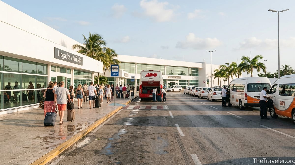 Travelers with luggage choosing buses, shuttles, and taxis outside Cancun International Airport arrivals.