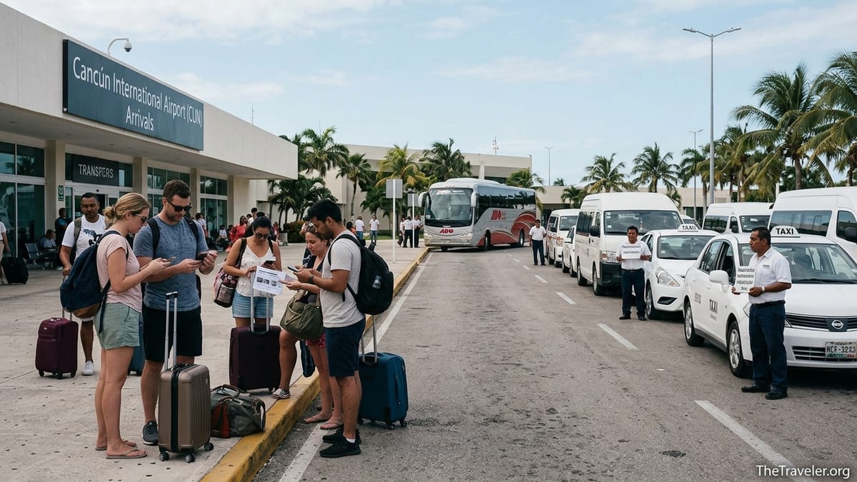 Travelers choosing between taxis and shuttles outside Cancun International Airport arrivals.
