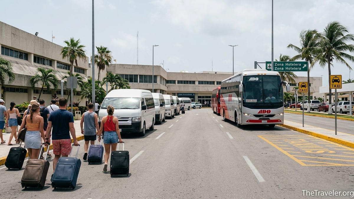 Travelers with luggage choosing between bus, shuttle and taxis outside Cancun International Airport.