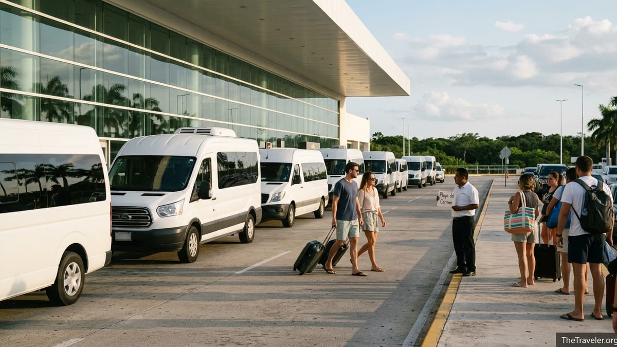 Travelers boarding airport shuttles from Cancun Airport heading to Playa del Carmen.