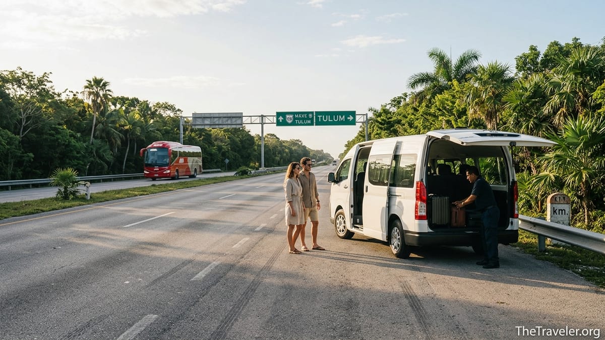 Private shuttle loading luggage on the Cancun to Tulum highway at sunrise