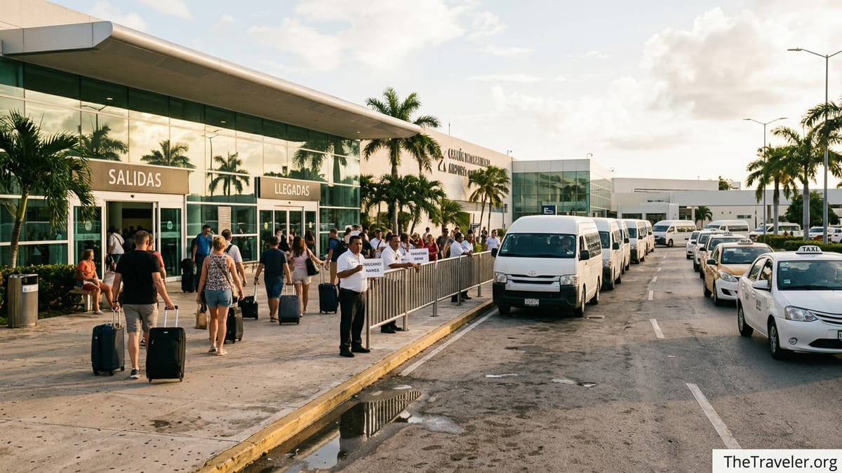 Travelers with suitcases meet transfer vans and taxis outside Cancun International Airport terminal.