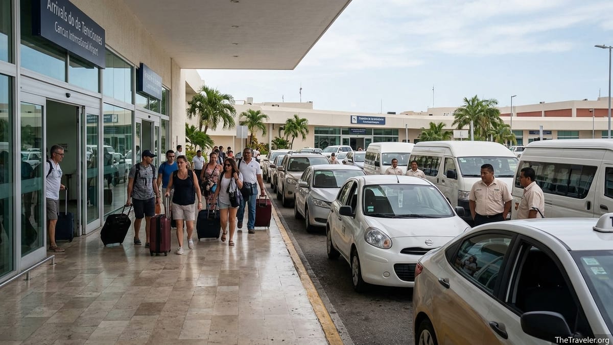Arriving passengers outside Cancun International Airport among taxis and cars