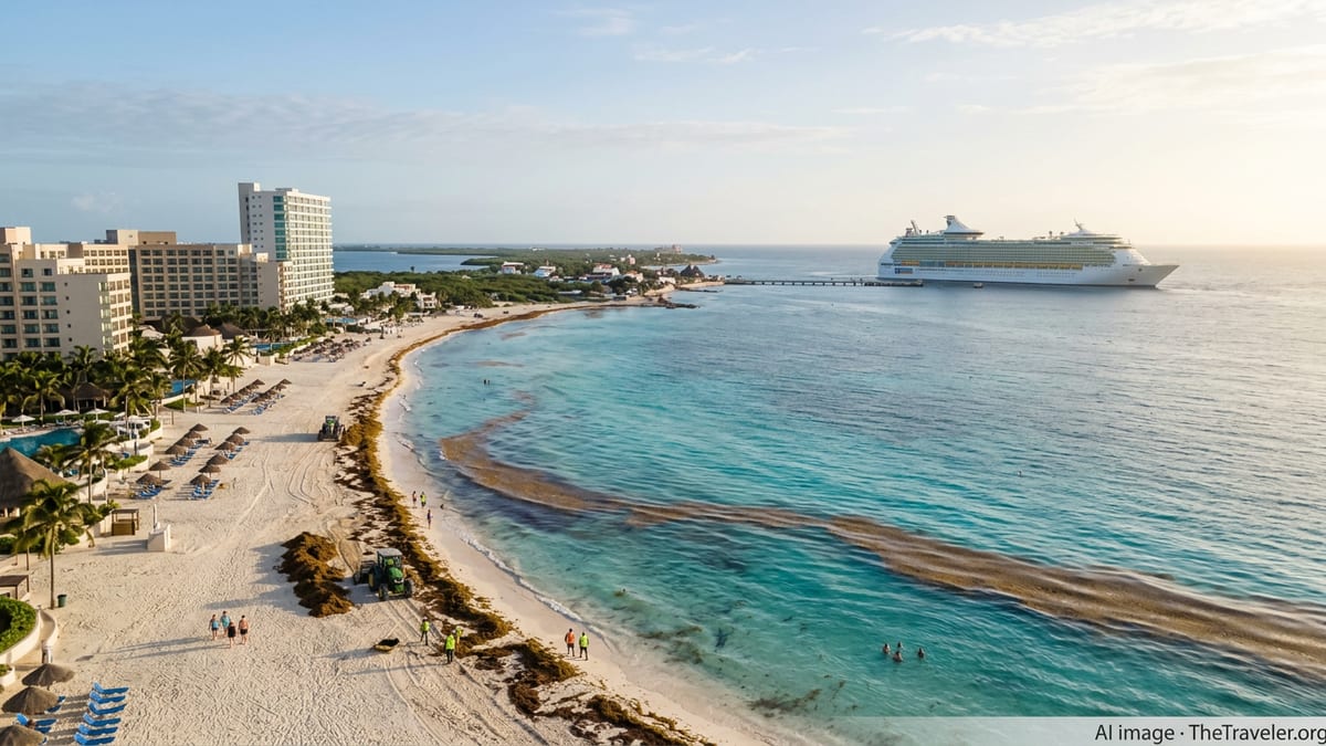 Aerial view of Cancun beach with sargassum on the shore and a cruise ship near Cozumel.
