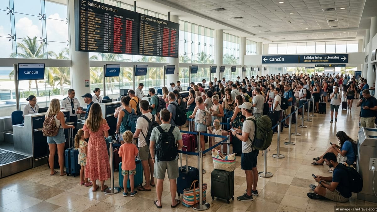Crowded departure hall at Cancún International Airport with stranded travelers in line at airline counters.