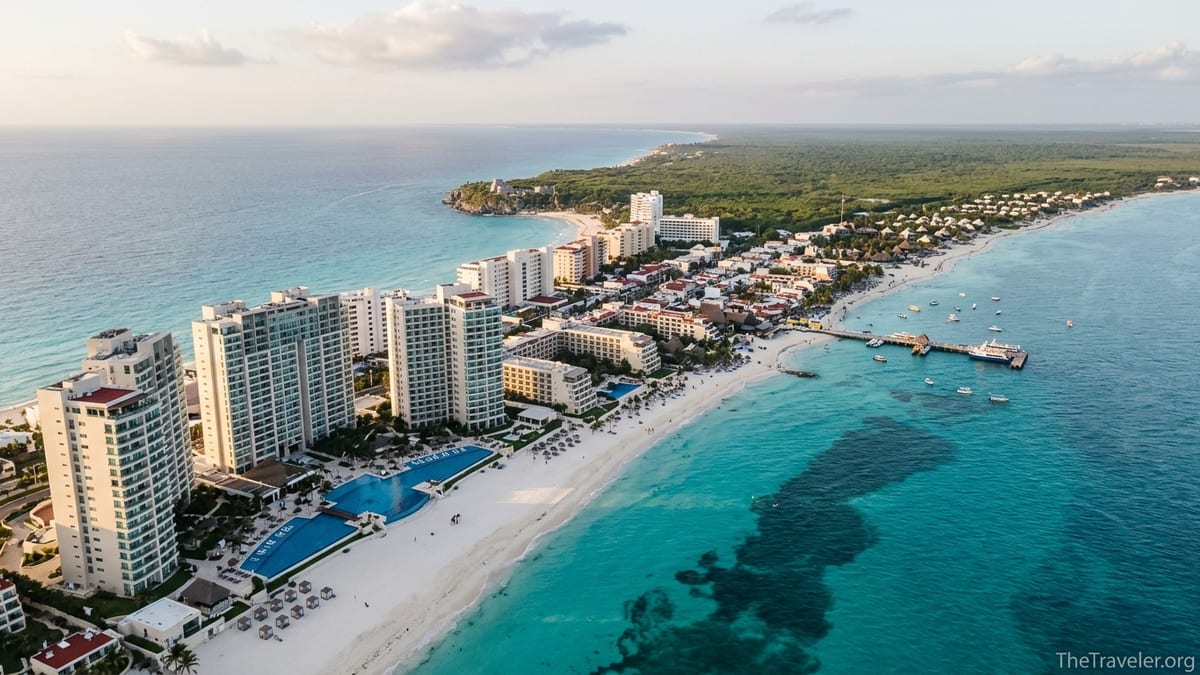 Aerial view of Cancún, Playa del Carmen and Tulum style beaches along Mexico’s Caribbean coast