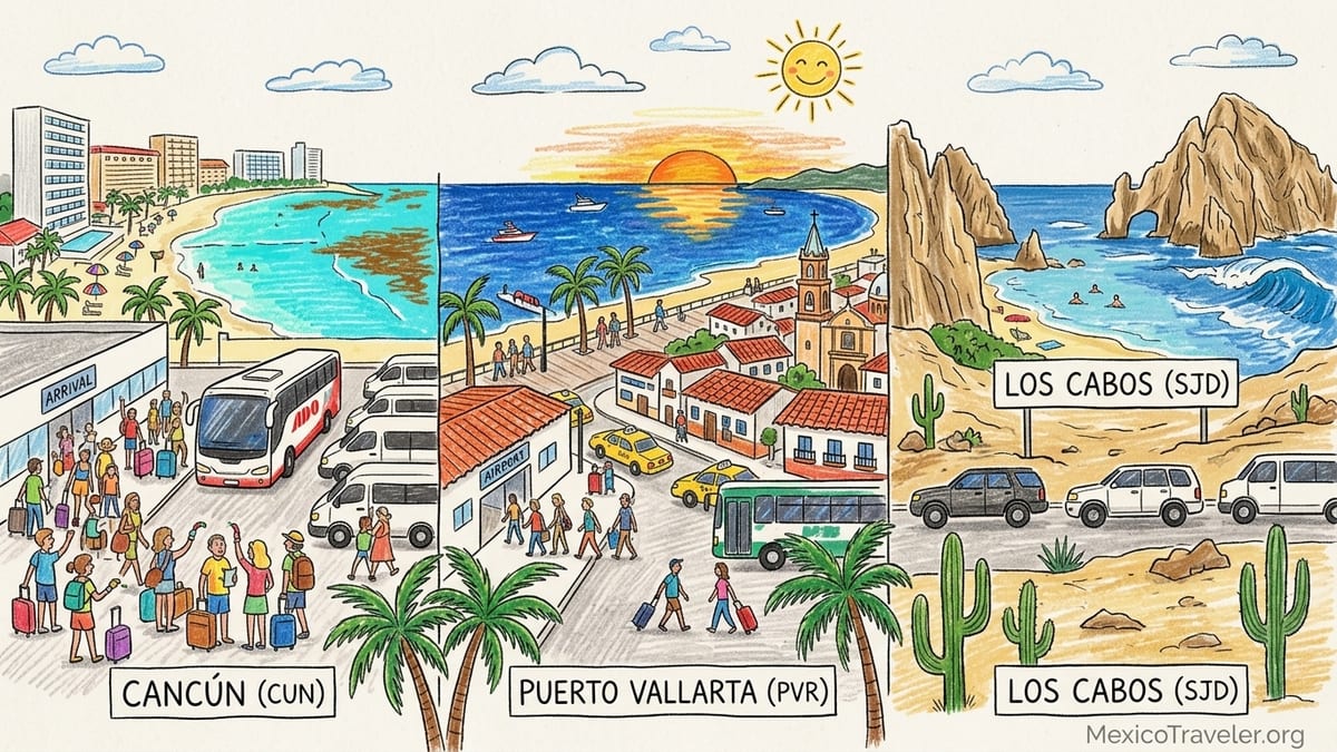 Three boarding passes (CUN, PVR, SJD) on a beach chair with Caribbean-style water on one side and Pacific surf on the other.