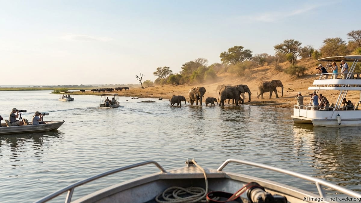 Candid photo of a dry-season afternoon safari on the Chobe River, Botswana.