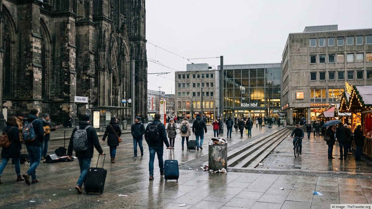 Candid view of Cologne Cathedral, Hauptbahnhof, and bustling plaza on a chilly day.