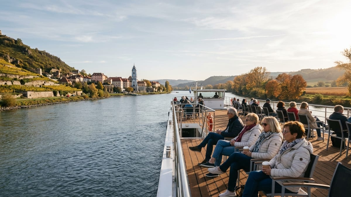 Candid moment on a Danube river cruise with travelers enjoying autumn scenery. 