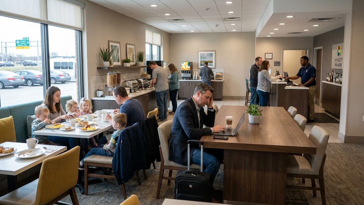 Candid, editorial-style shot of a busy morning in a U.S. Hyatt Place hotel lobby.