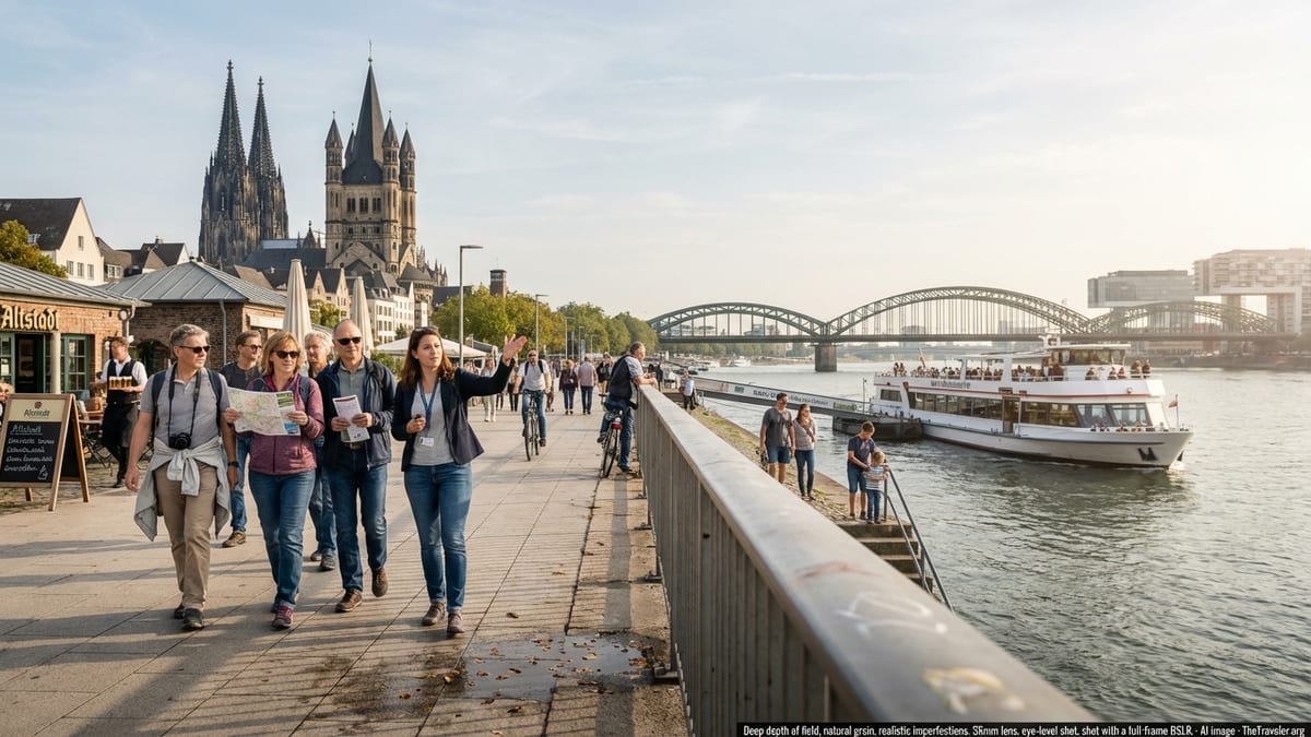 Candid view of tourists exploring the Rhine promenade in Cologne, Germany. 